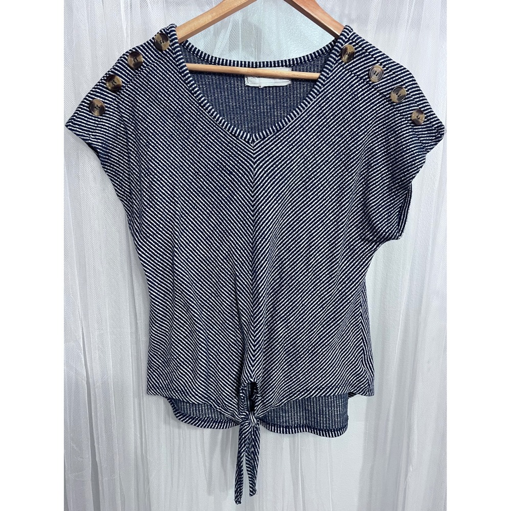 French Laundry Womens Navy White Striped V-Neck Front Tie Top Shoulder Button S